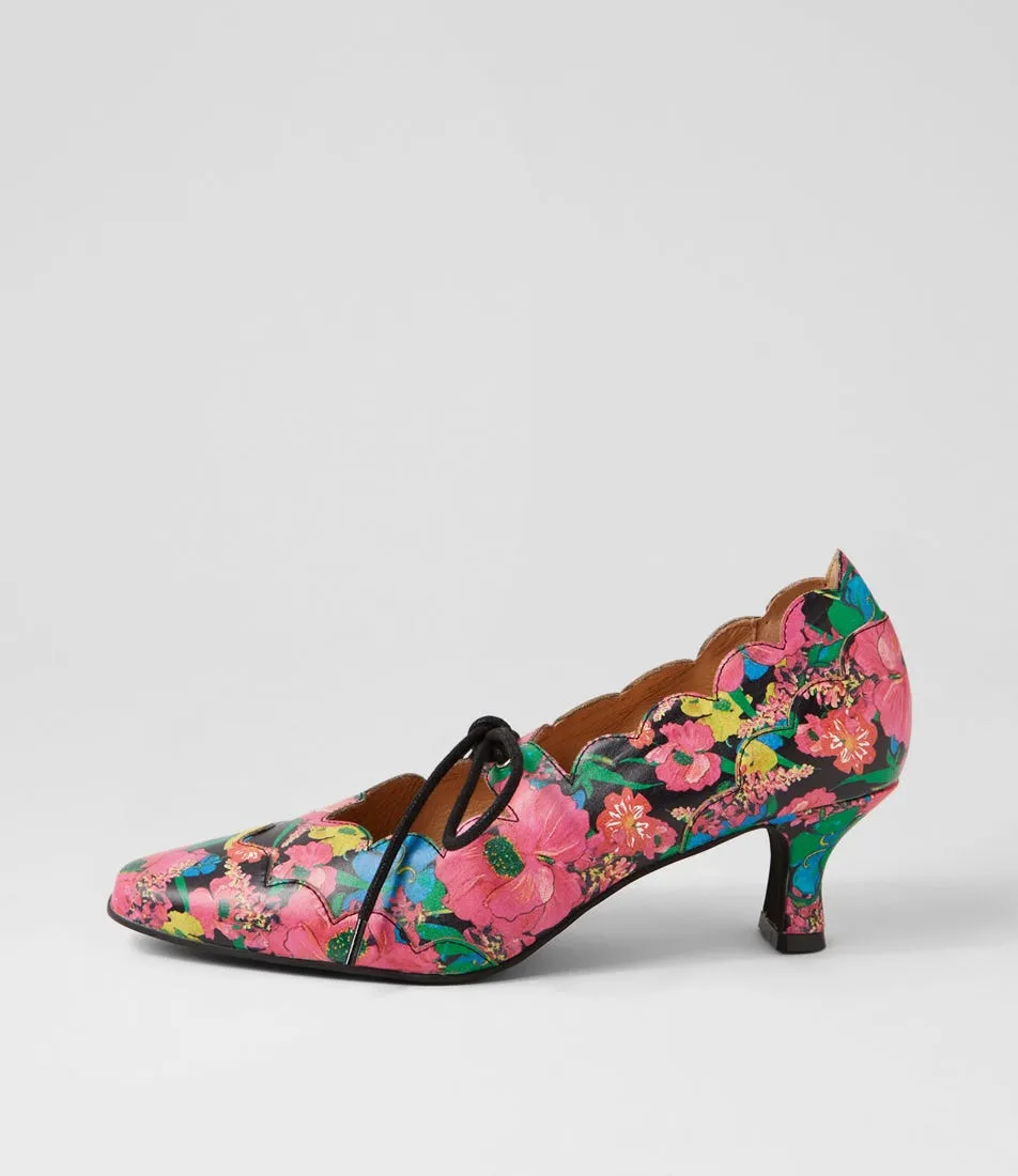 DJANGO & JULIETTE Caddie Black Flowermania Leather Mary Jane Heels