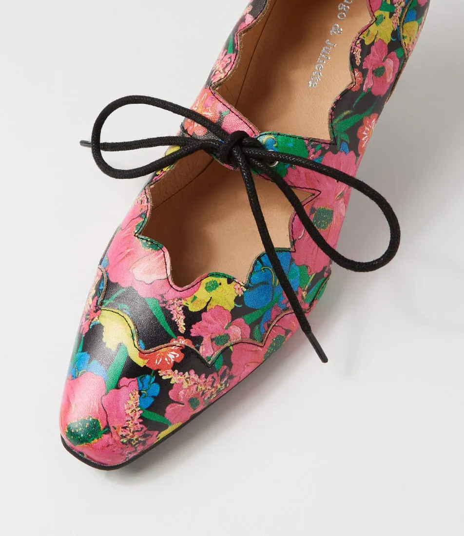 DJANGO & JULIETTE Caddie Black Flowermania Leather Mary Jane Heels