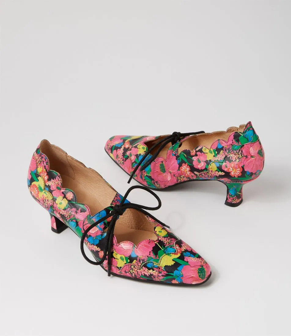 DJANGO & JULIETTE Caddie Black Flowermania Leather Mary Jane Heels