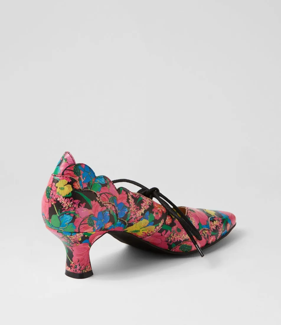 DJANGO & JULIETTE Caddie Black Flowermania Leather Mary Jane Heels