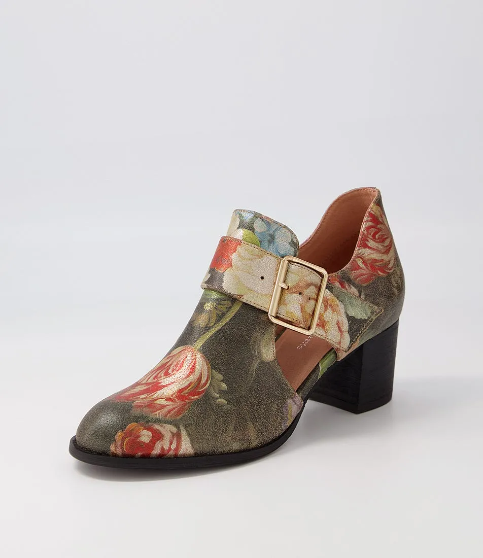 DJANGO & JULIETTE Sanfort Vintage Metal Floral Leather Heels