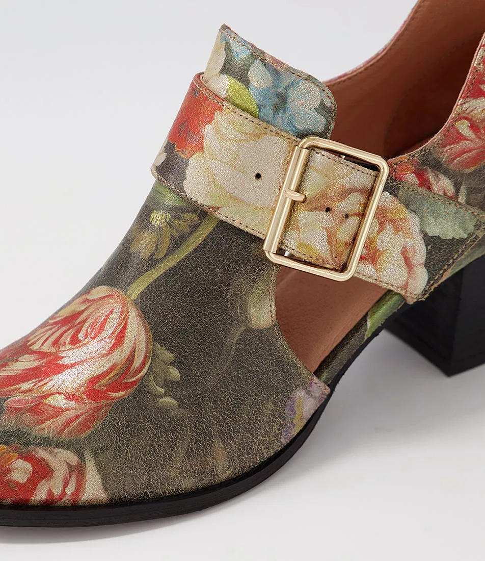 DJANGO & JULIETTE Sanfort Vintage Metal Floral Leather Heels