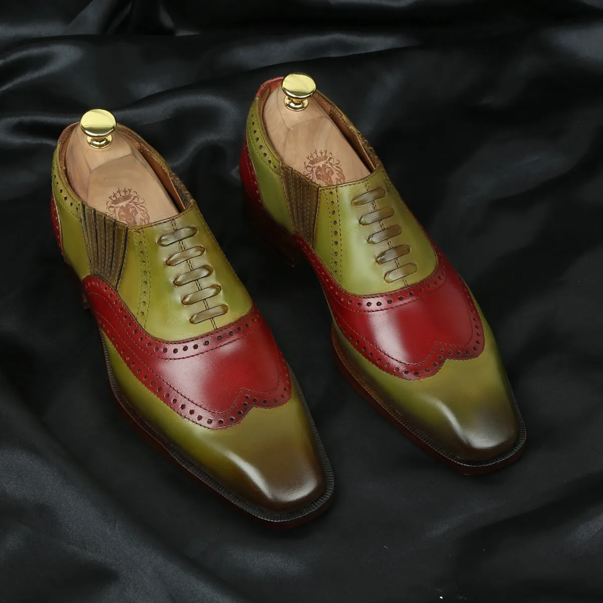 Dual Tone Wine Olive-Green Lazy Man Stylish Wingtip Punching with Fixed Lace Oxfords by Brune & Bareskin