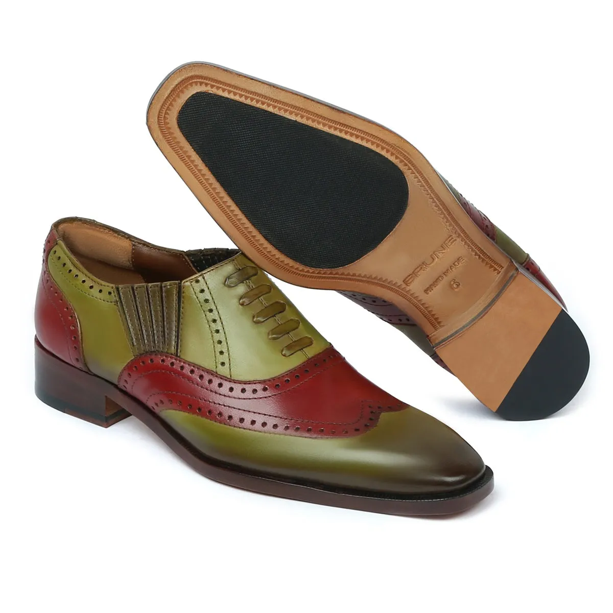 Dual Tone Wine Olive-Green Lazy Man Stylish Wingtip Punching with Fixed Lace Oxfords by Brune & Bareskin