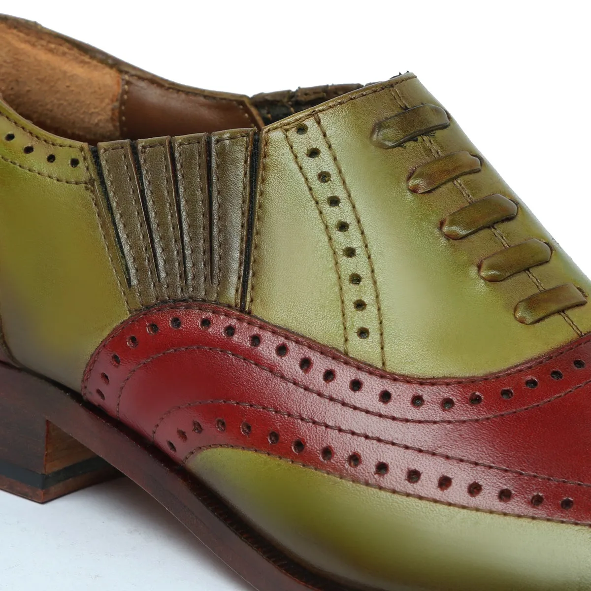 Dual Tone Wine Olive-Green Lazy Man Stylish Wingtip Punching with Fixed Lace Oxfords by Brune & Bareskin