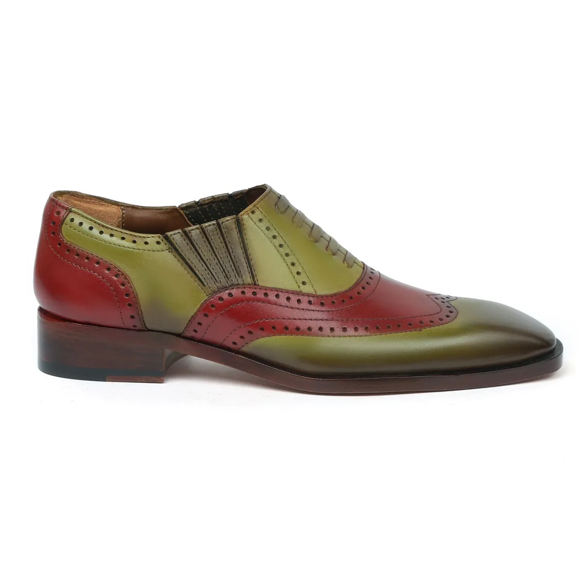 Dual Tone Wine Olive-Green Lazy Man Stylish Wingtip Punching with Fixed Lace Oxfords by Brune & Bareskin