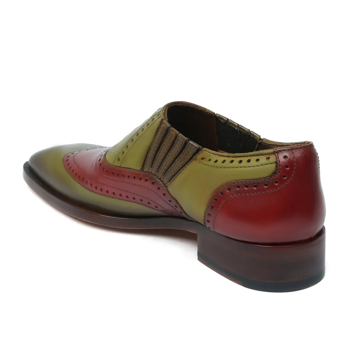 Dual Tone Wine Olive-Green Lazy Man Stylish Wingtip Punching with Fixed Lace Oxfords by Brune & Bareskin