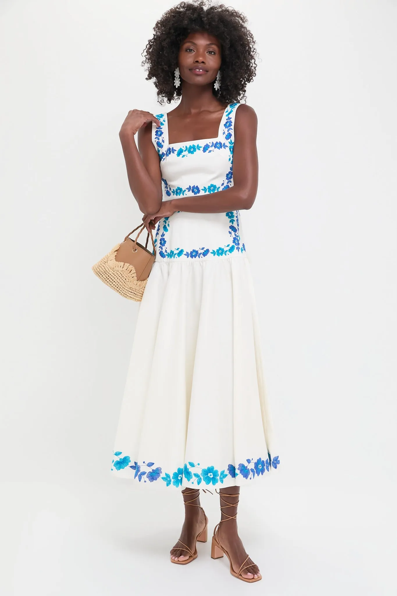 Ecru and Blue Floral Embroidery Midi Dress