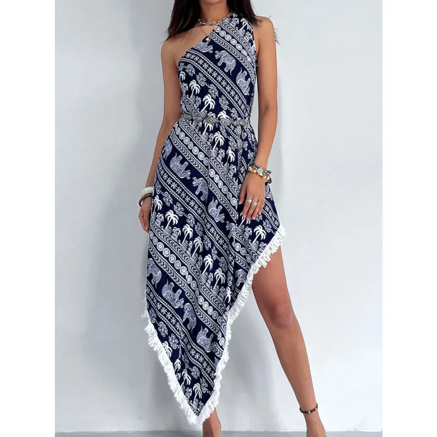 Fringe Printed Single Shoulder Dress