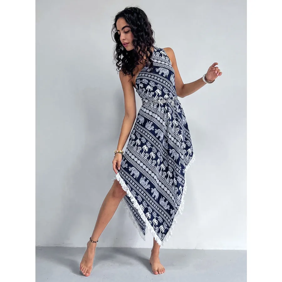 Fringe Printed Single Shoulder Dress