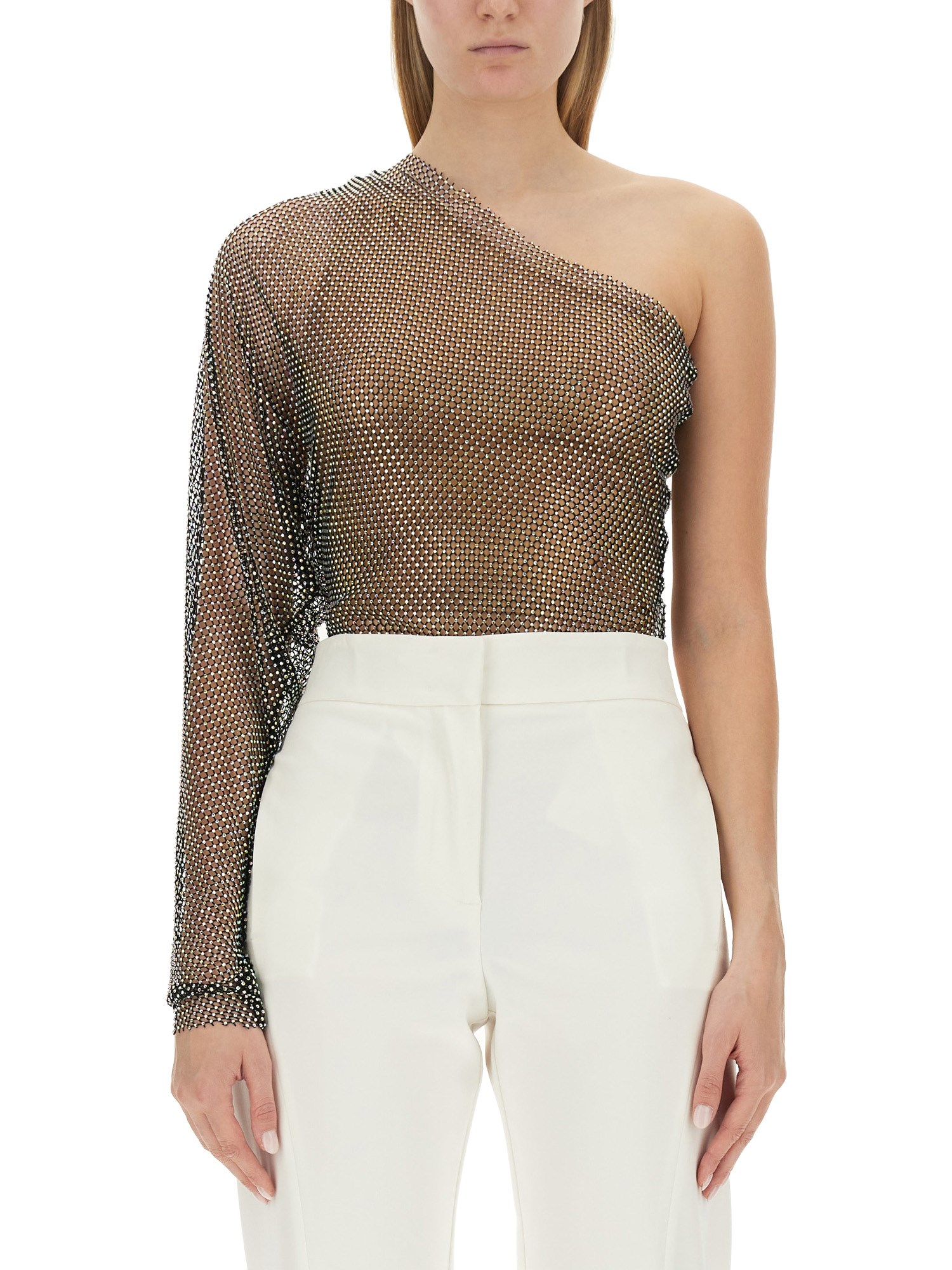 GENNY Crystal-Embellished Mesh One-Shoulder Top