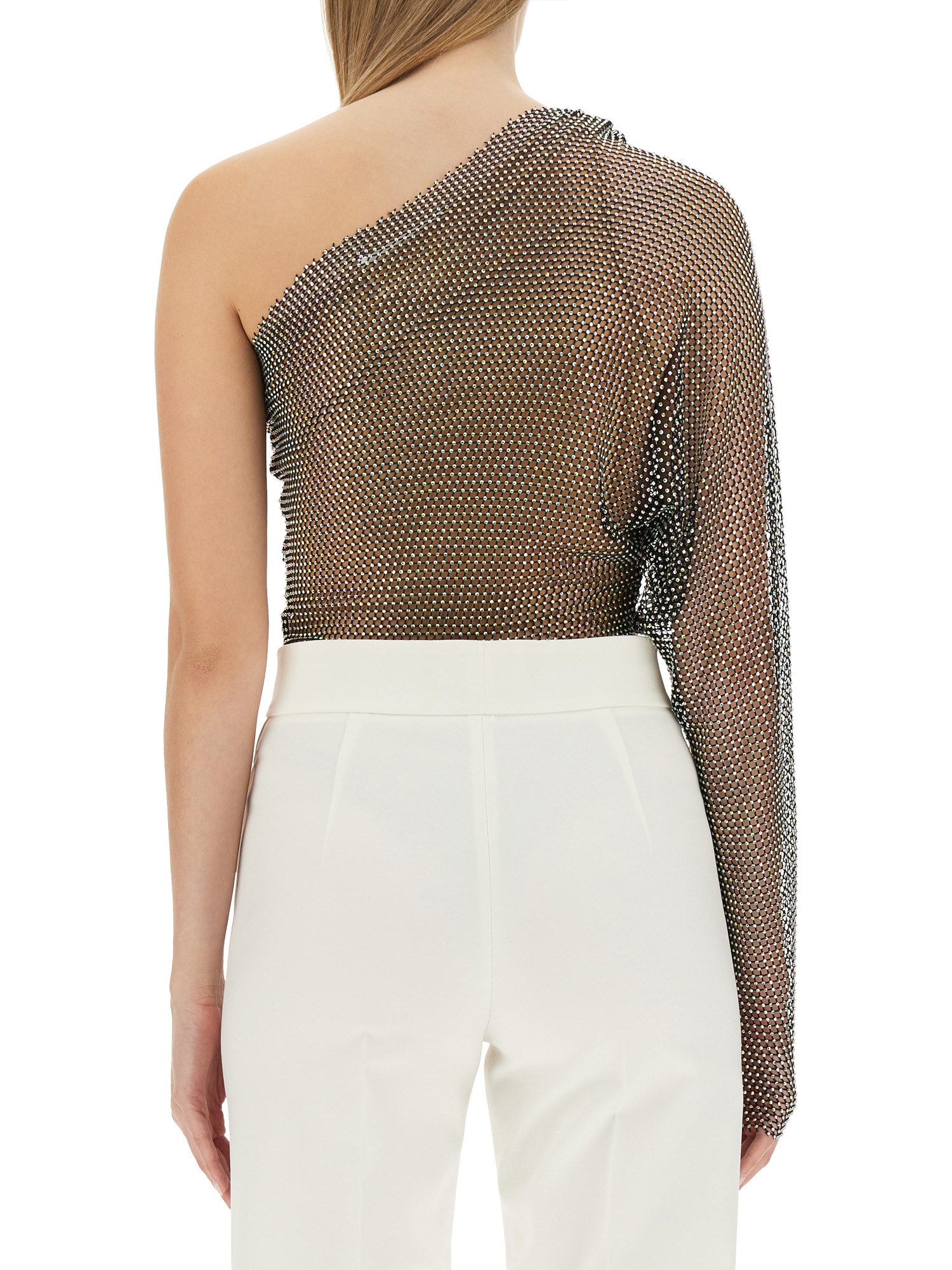 GENNY Crystal-Embellished Mesh One-Shoulder Top