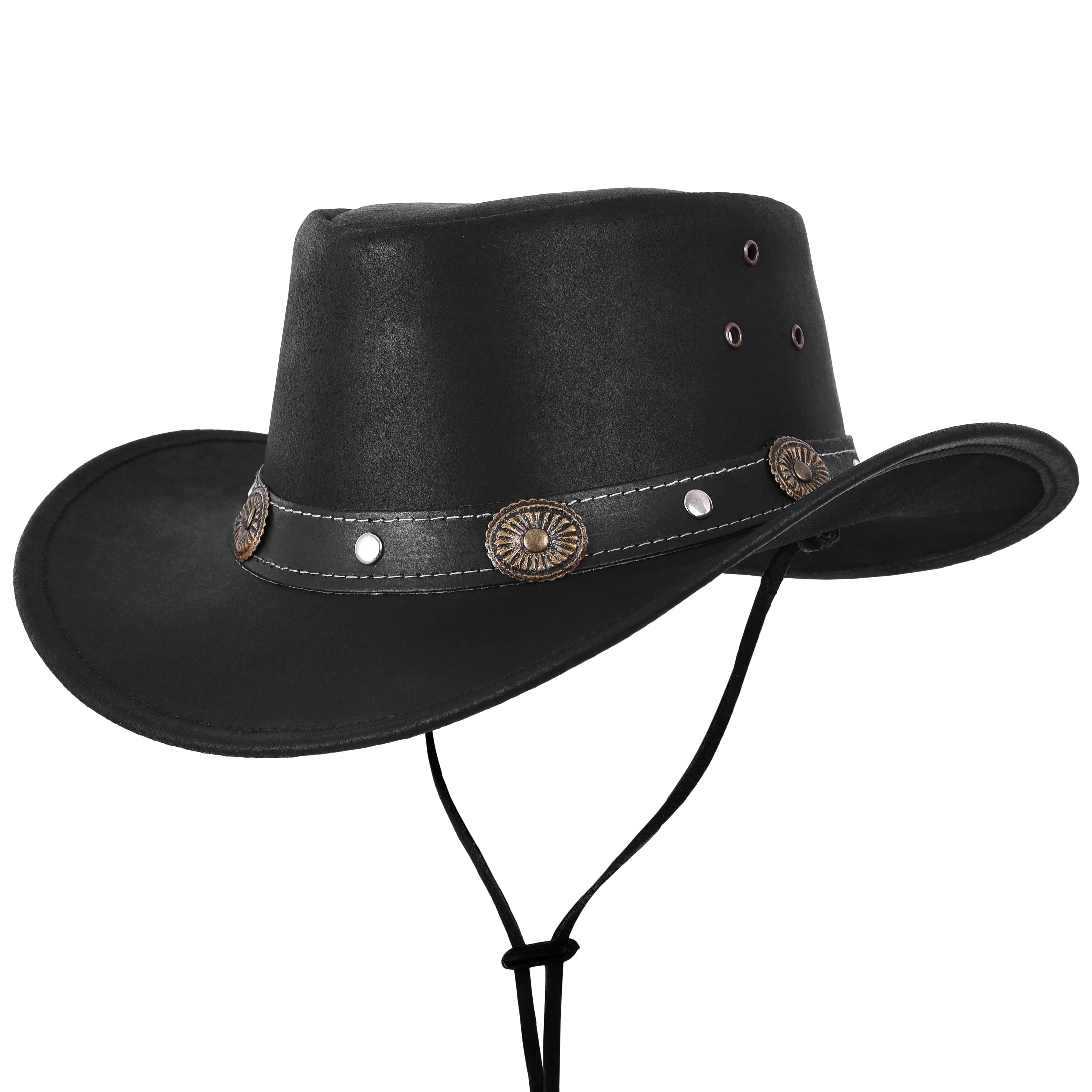 Genuine Black Leather Western Style Cowboy Hat With Conchos Band