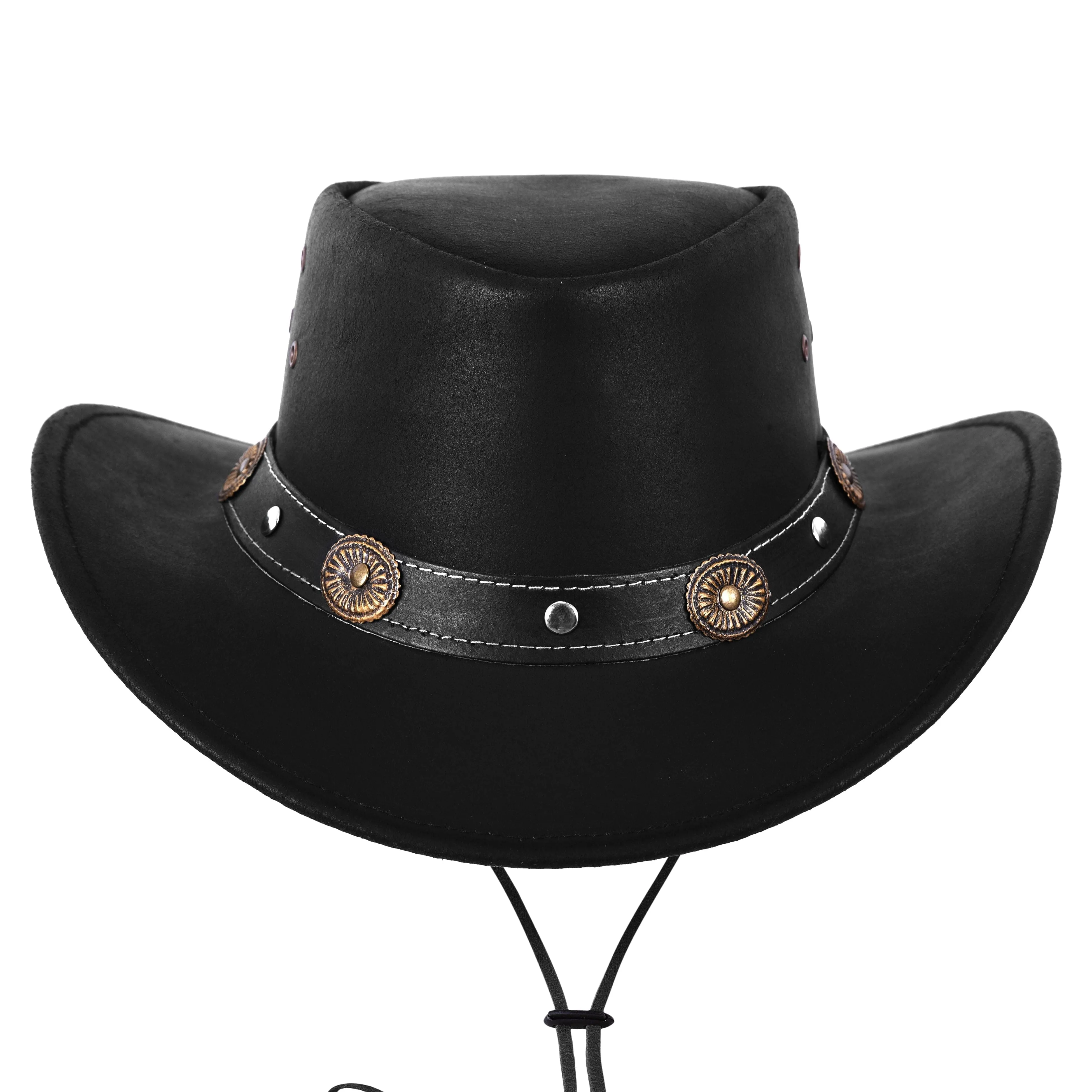 Genuine Black Leather Western Style Cowboy Hat With Conchos Band