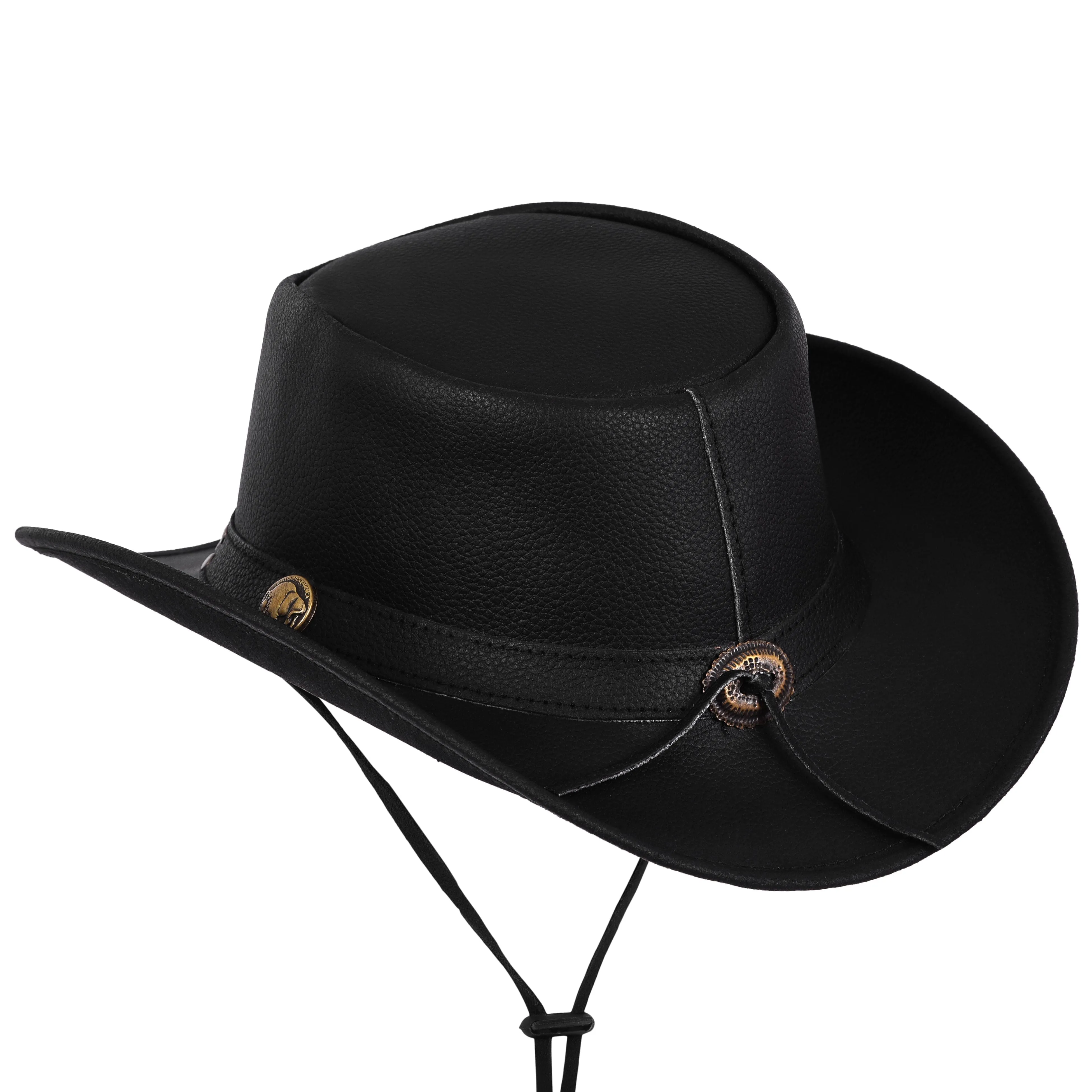 Genuine Black Leather Western Style Cowboy Hat With Conchos Band