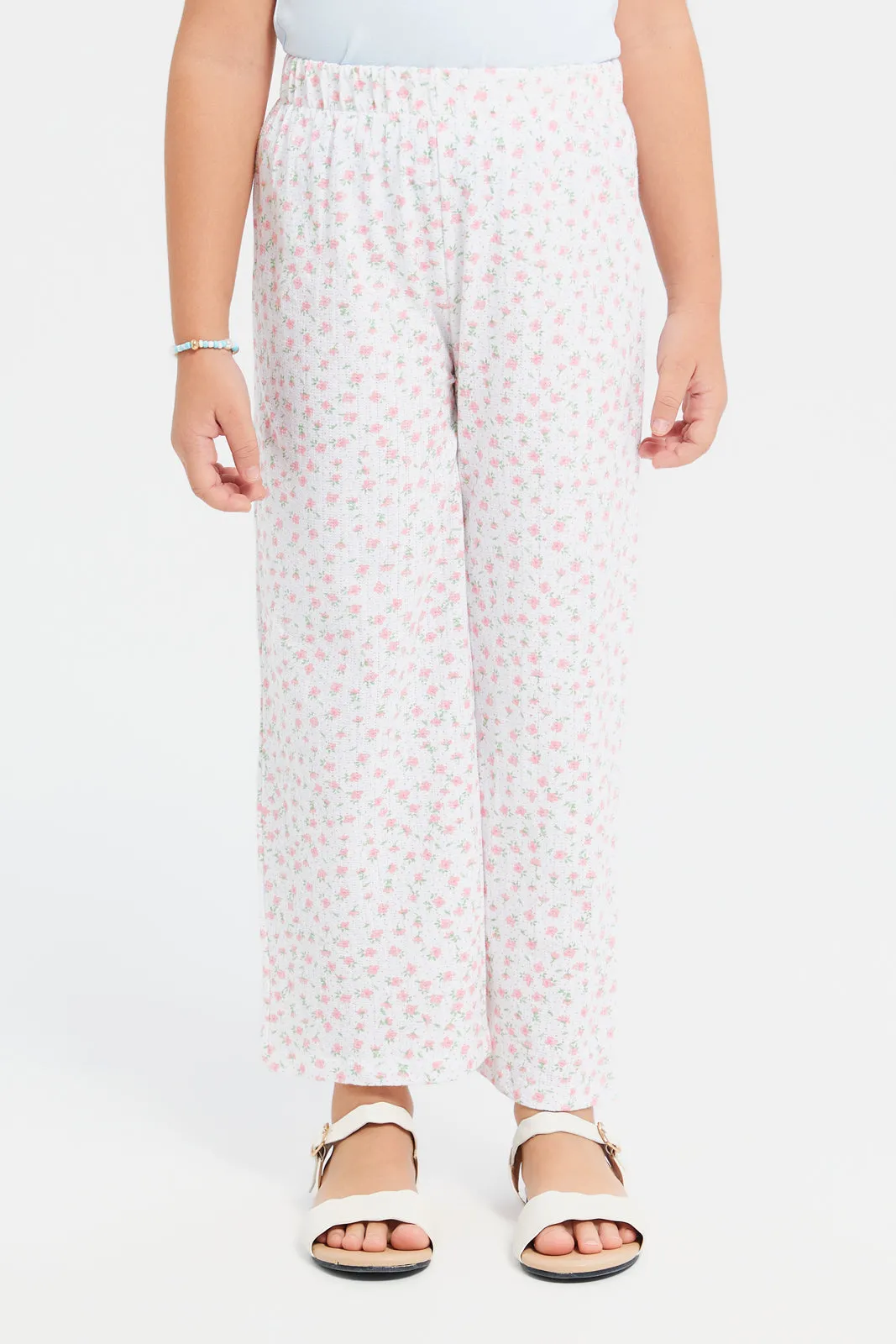 Girls White Printed Trousers