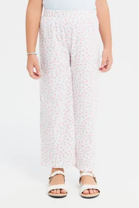 Girls White Printed Trousers