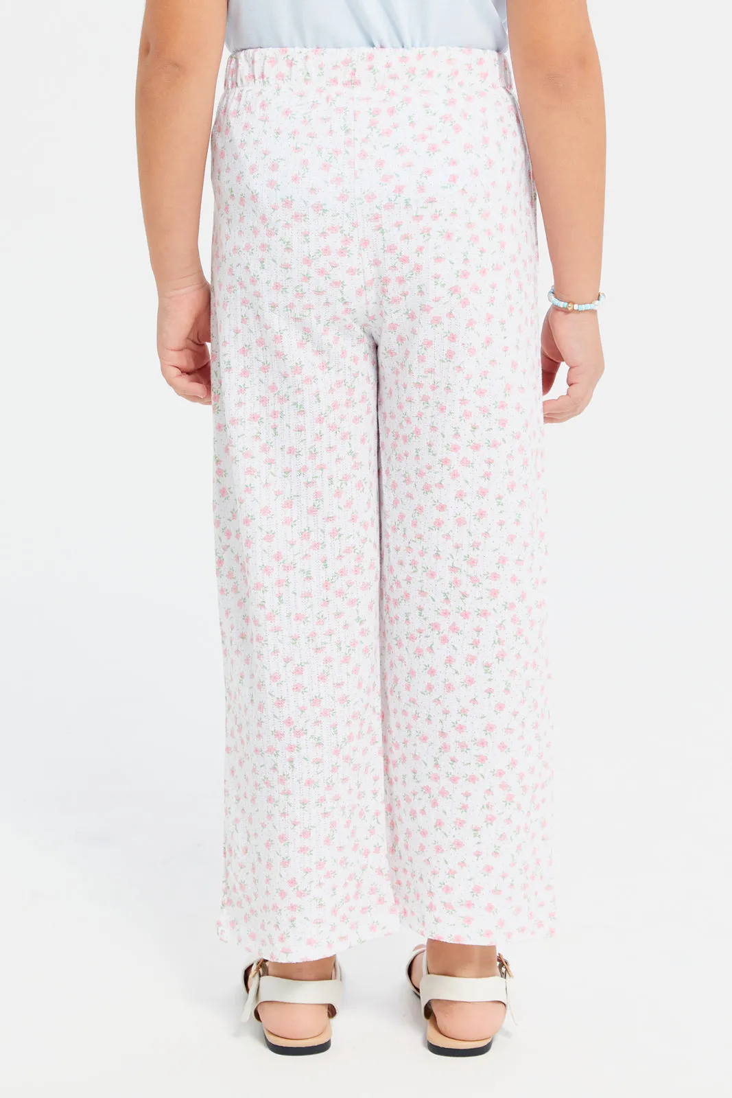 Girls White Printed Trousers