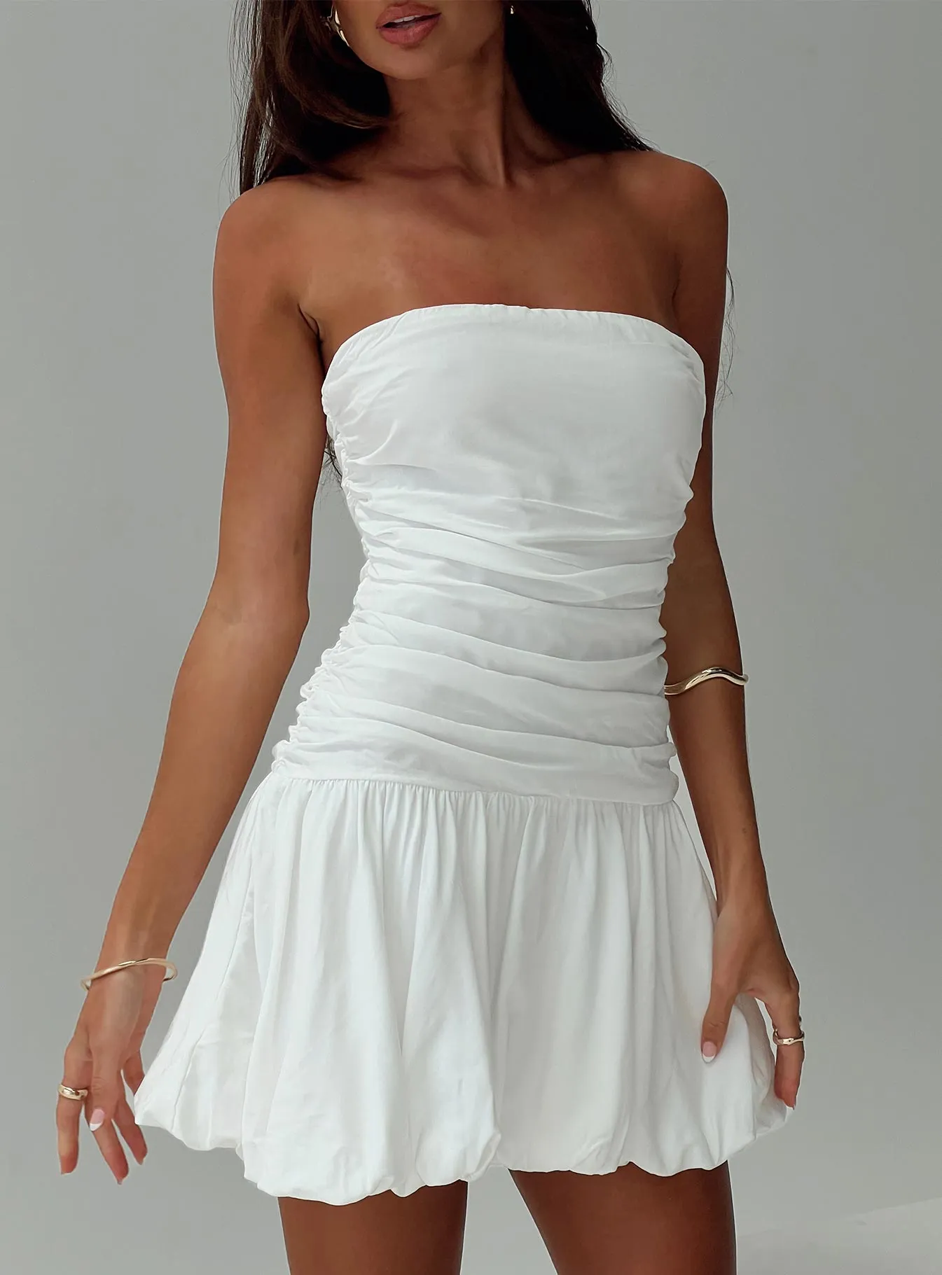 Glamour Girl Strapless Bubble Hem Mini Dress White Petite