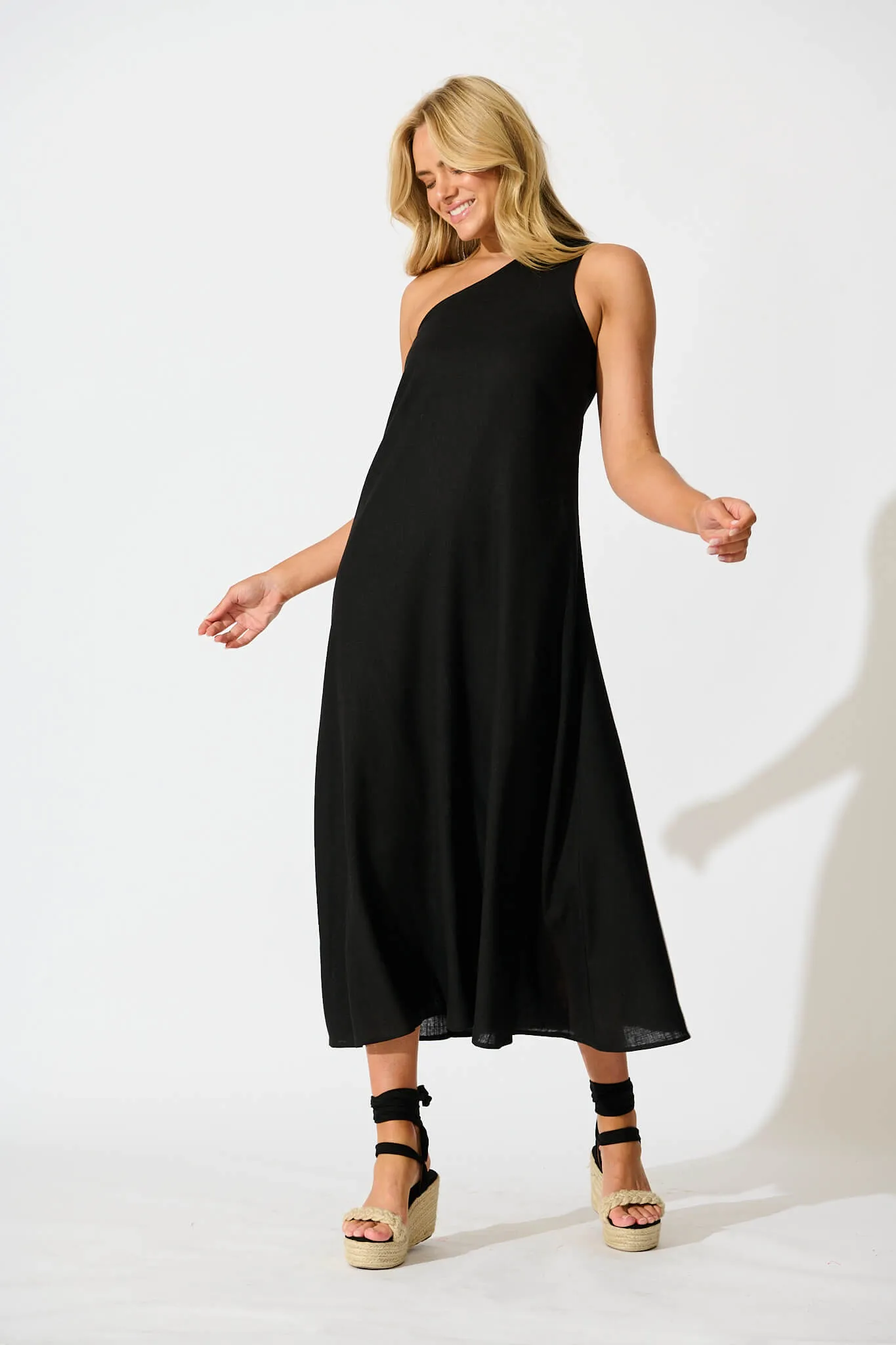 Gloria Off Shoulder Maxi Dress in Black Linen Blend