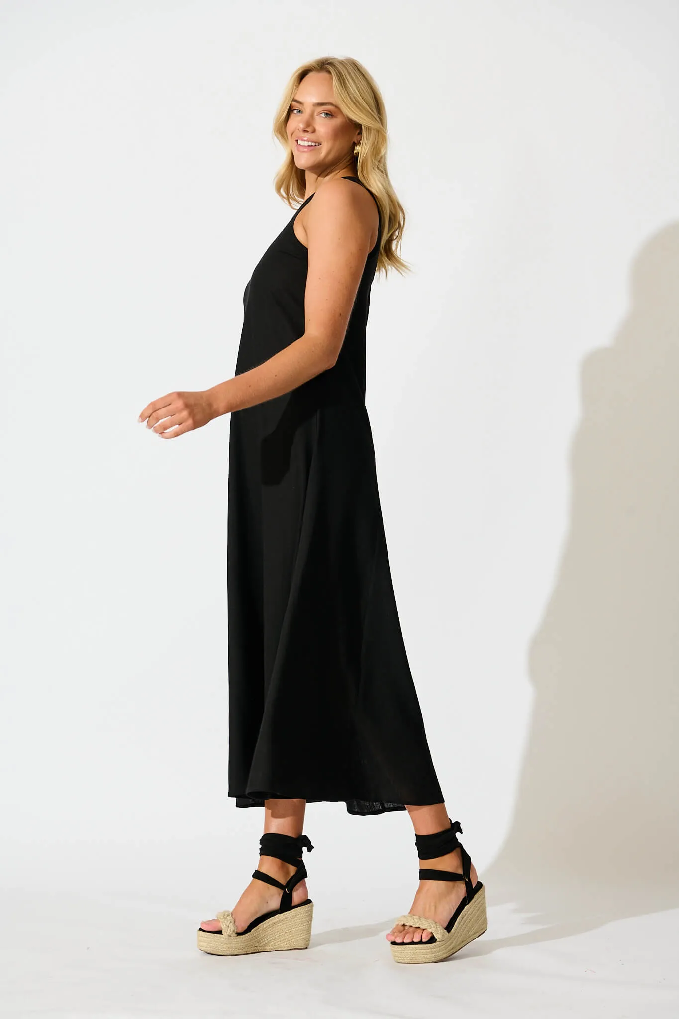 Gloria Off Shoulder Maxi Dress in Black Linen Blend