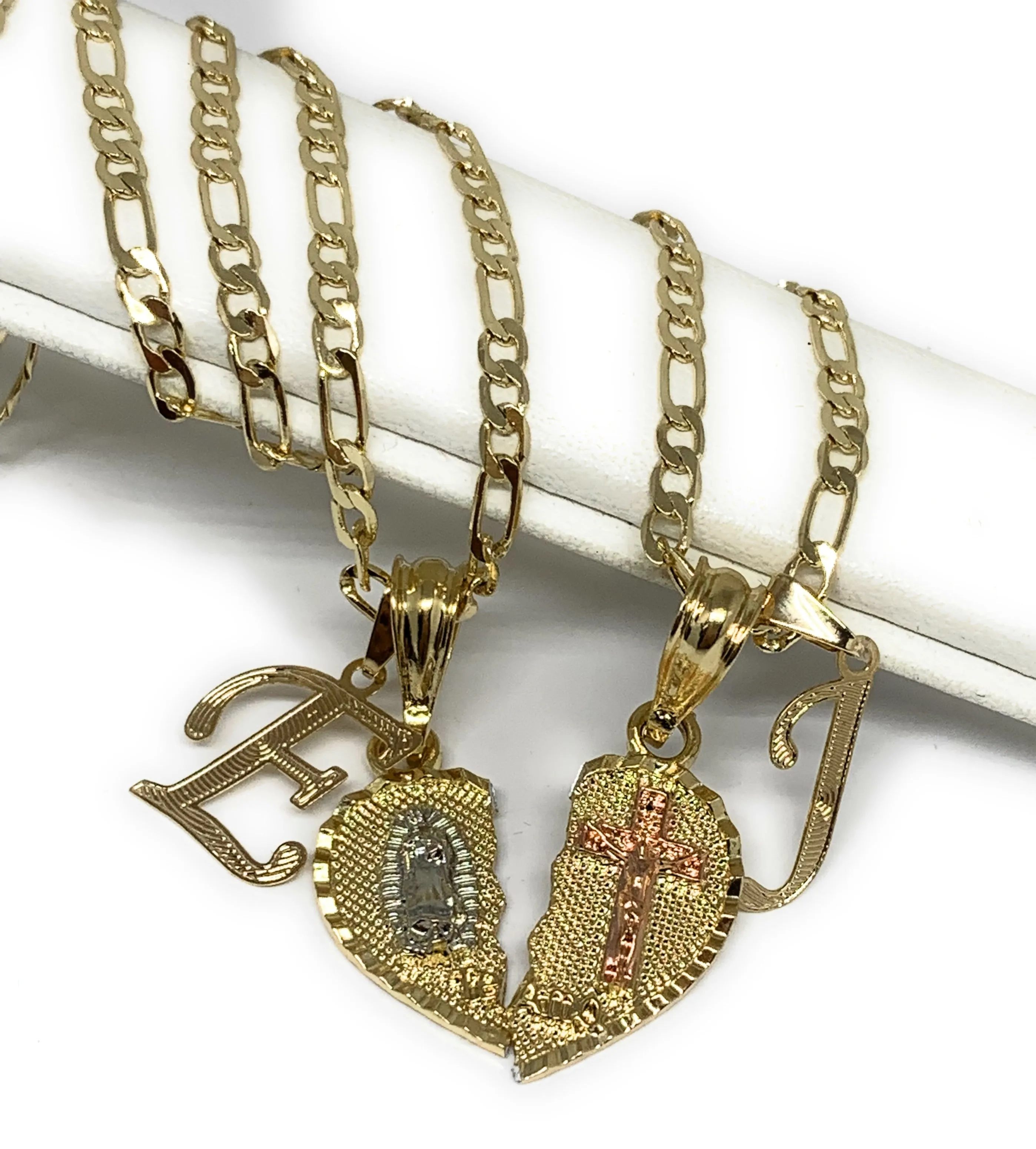 GOLD PLATED TRI-COLOR VIRGIN MARY & CHRIST TE AMO HEART SPLIT PENDANT & CURSIVE INITIAL LETTER TWO NECKLACE SET 24