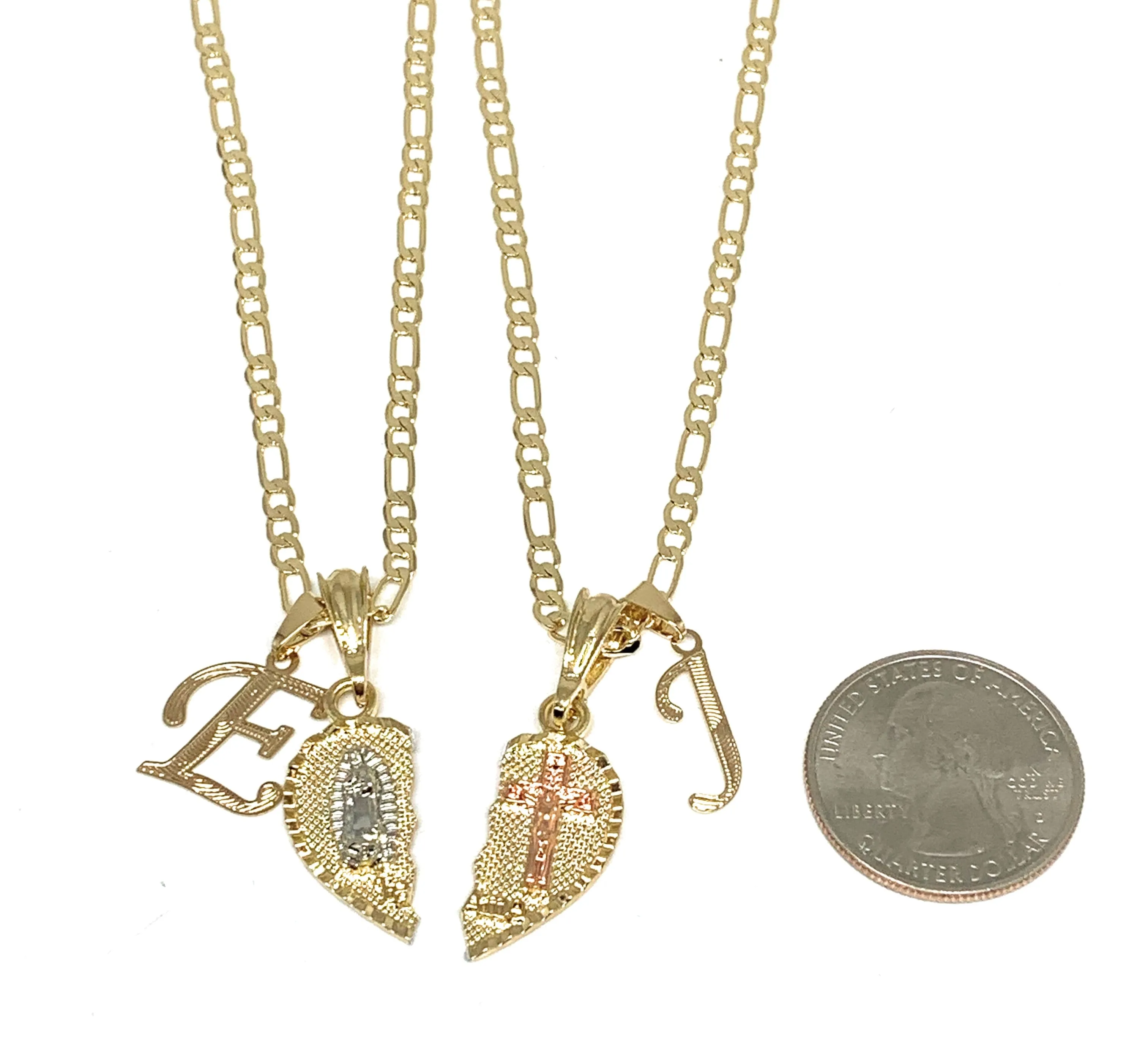 GOLD PLATED TRI-COLOR VIRGIN MARY & CHRIST TE AMO HEART SPLIT PENDANT & CURSIVE INITIAL LETTER TWO NECKLACE SET 24