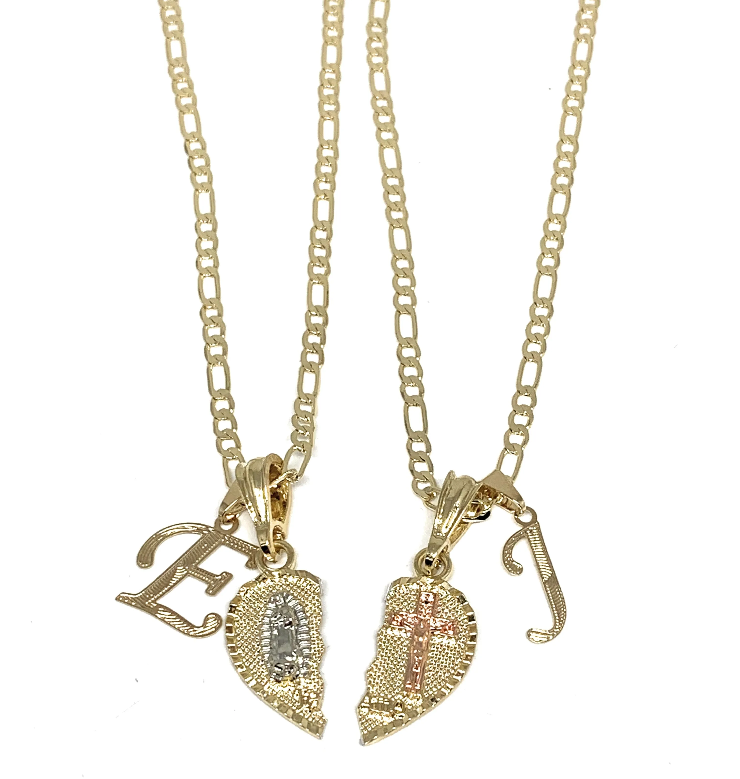 GOLD PLATED TRI-COLOR VIRGIN MARY & CHRIST TE AMO HEART SPLIT PENDANT & CURSIVE INITIAL LETTER TWO NECKLACE SET 24