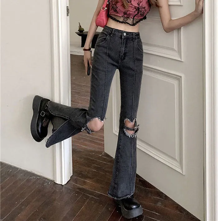 Heart Cut Out Grunge Flare Jeans