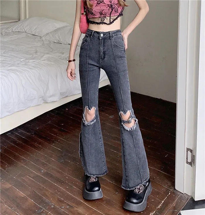 Heart Cut Out Grunge Flare Jeans