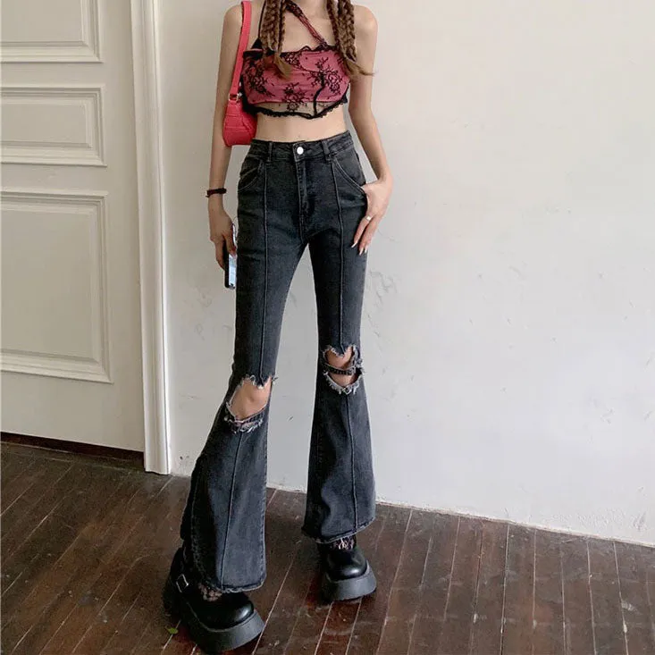 Heart Cut Out Grunge Flare Jeans