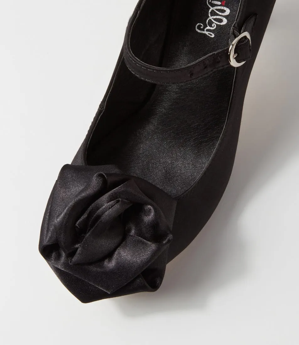 I LOVE BILLY Mirose Black Satin Mary Jane Heels