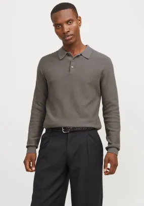 Jack & Jones Long Sleeve Knit Polo Shirt, Falcon Grey