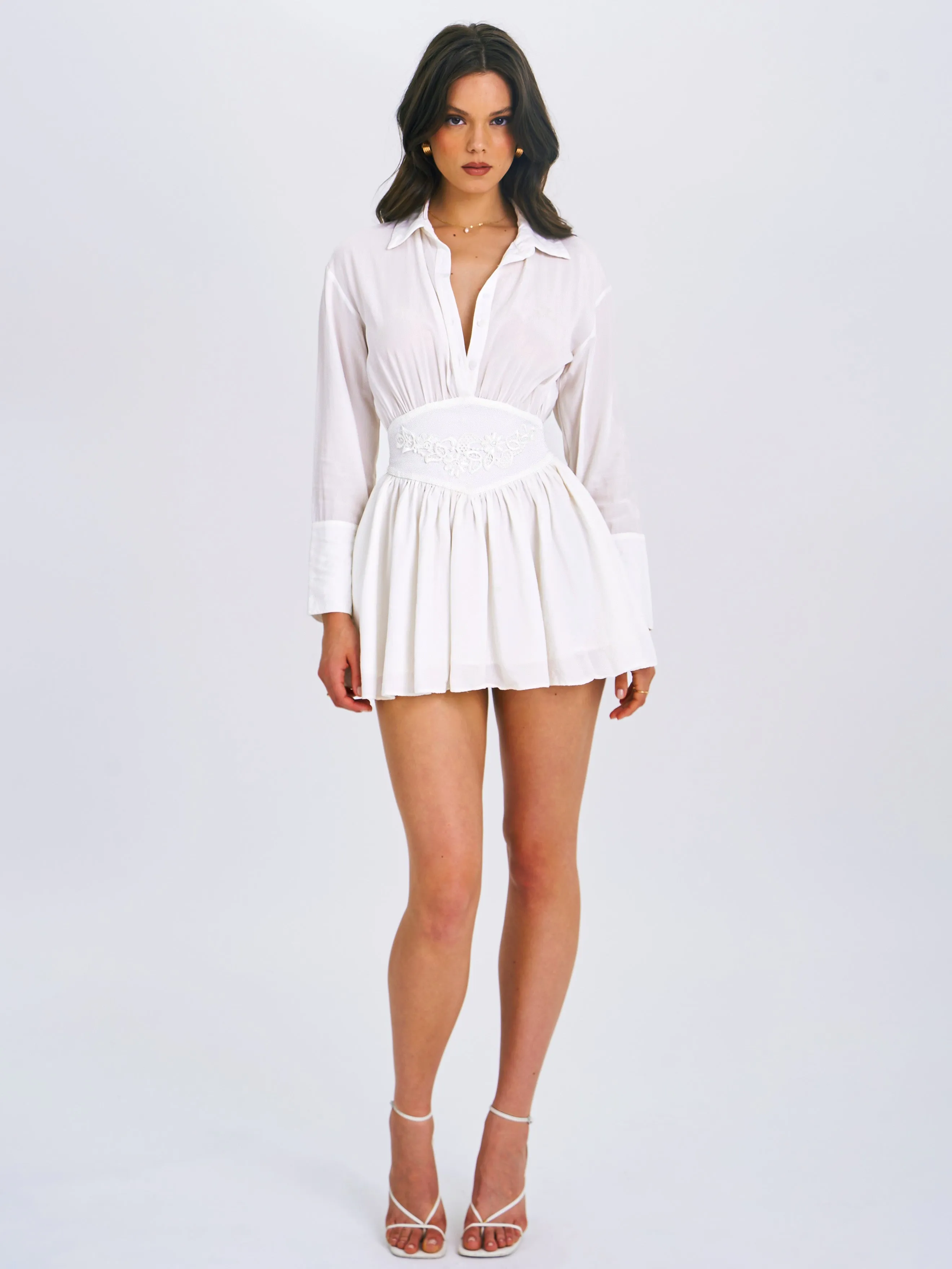 Jamila White Shirt Mini Dress with Embroidered Waist Detail