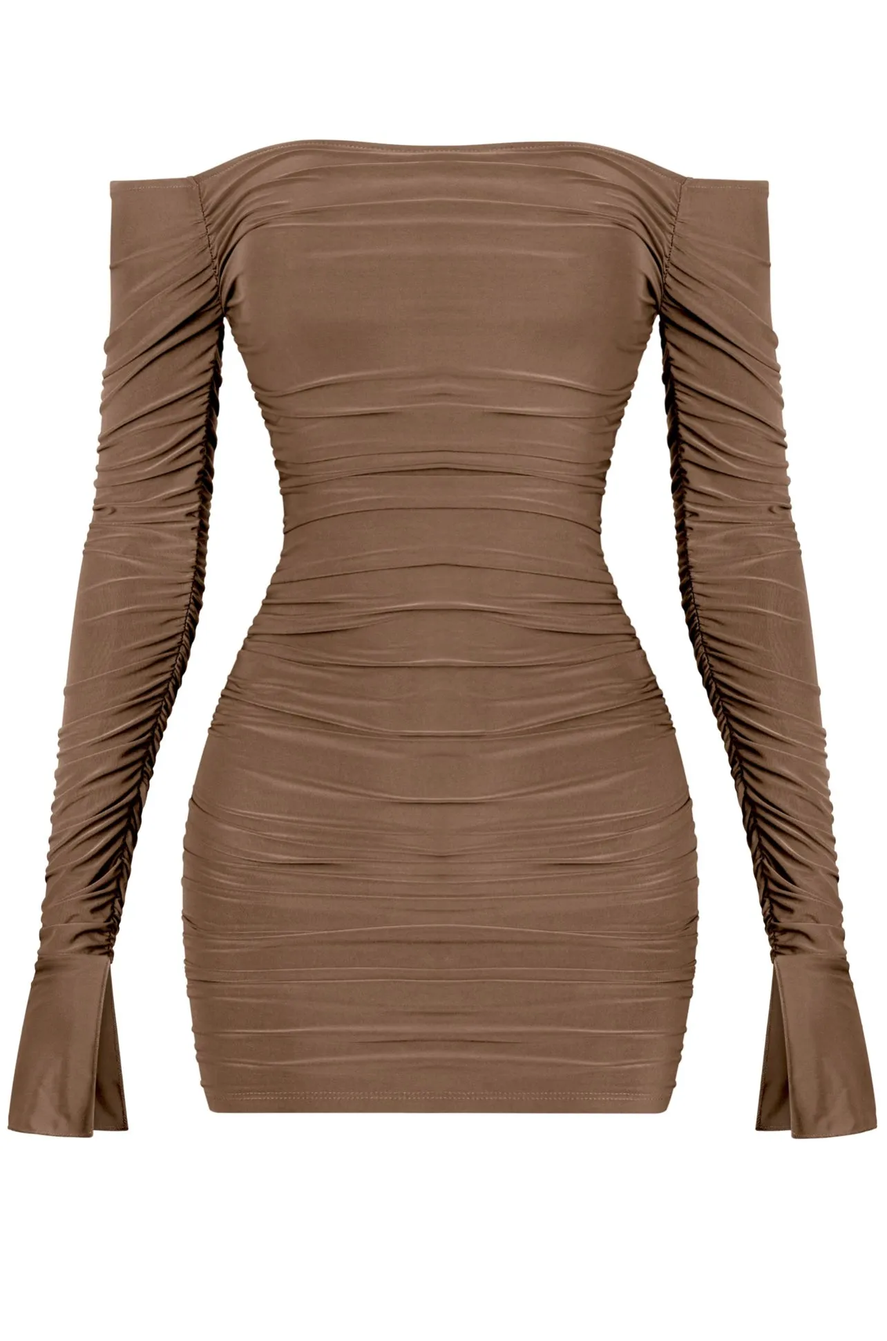 Long Sleeve Ruched Mini Dress Jazmine Off The Shoulder