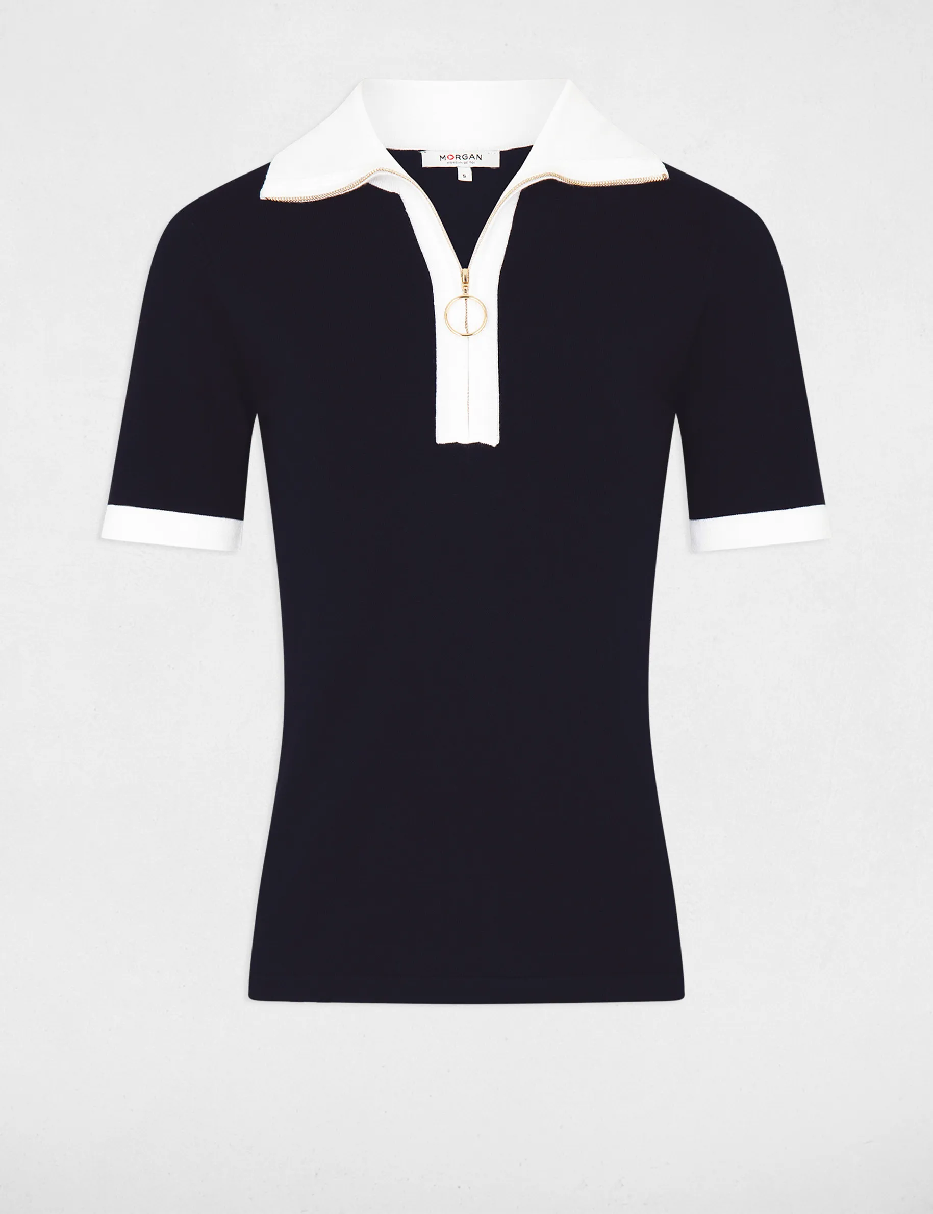 Jumper zipped polo collar short sleeves navy women