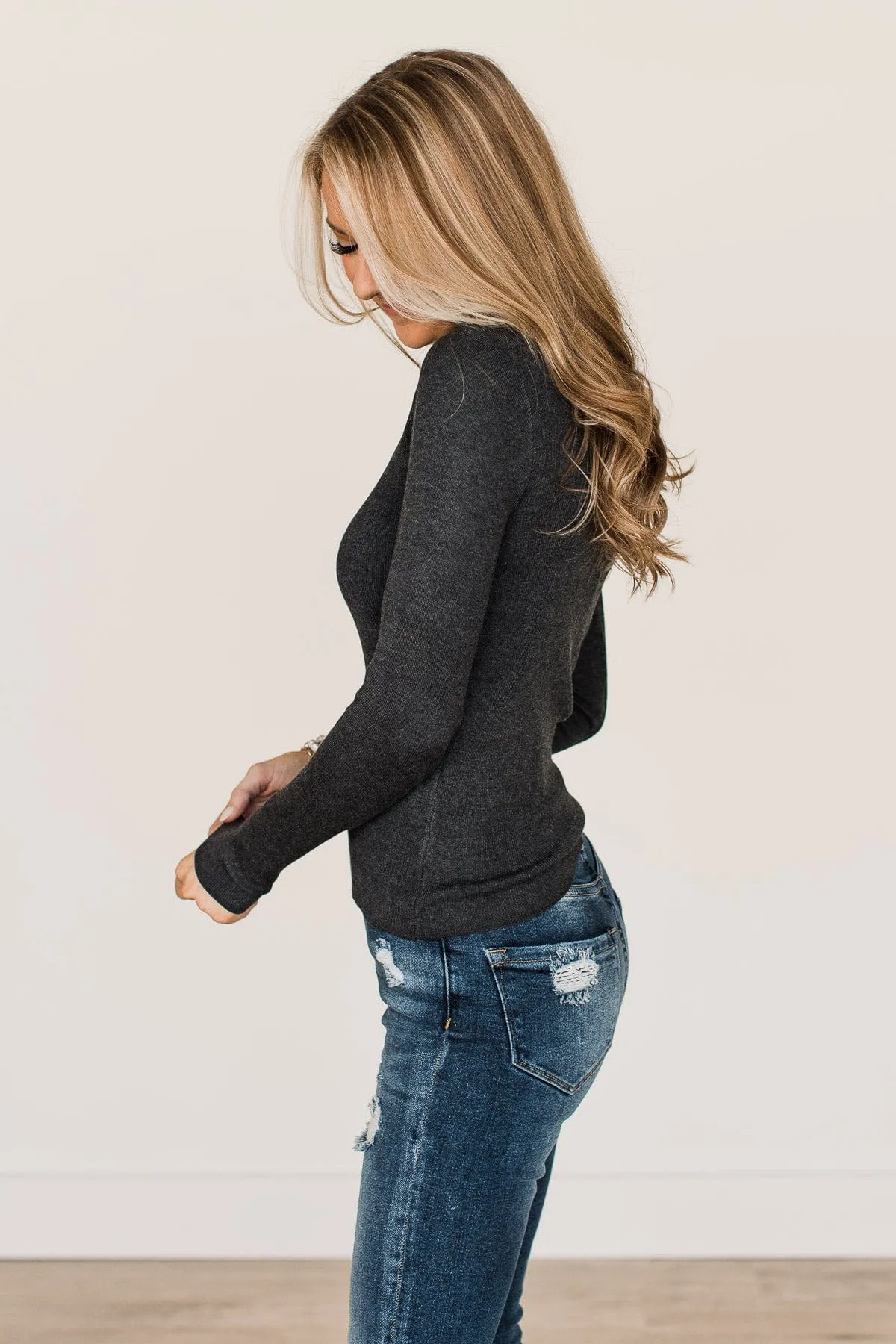 Long Sleeve Knit Top- Charcoal\