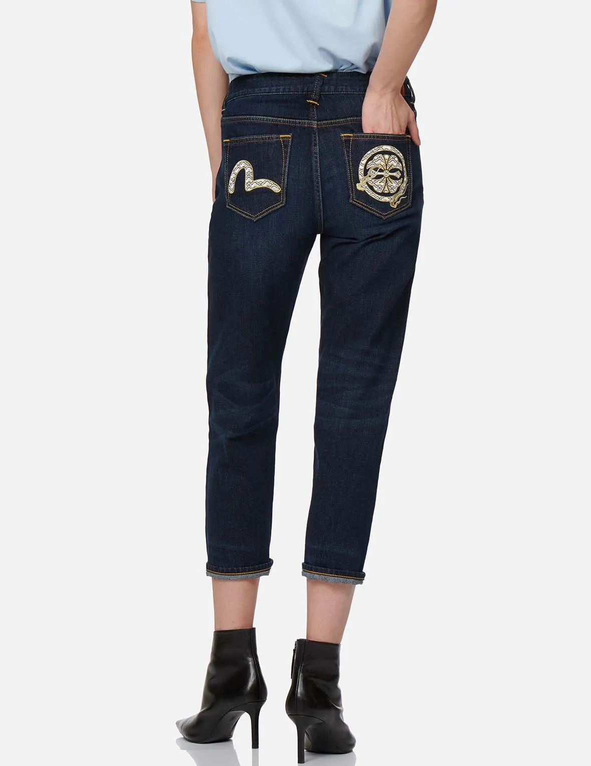 Kamon and Seagull Embroidered Straight Leg Jeans