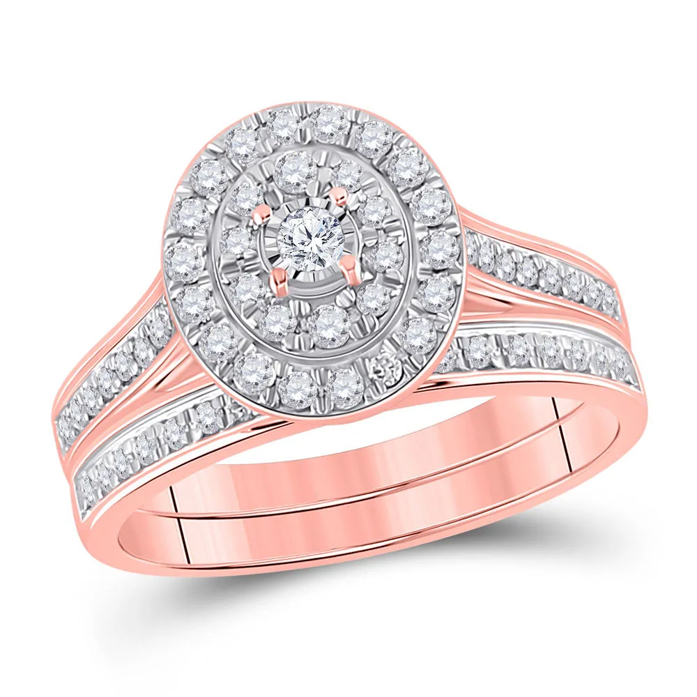 Keene Jewelers 10kt Rose Gold Round Diamond Oval Bridal Wedding Ring Band Set 1/2 Cttw