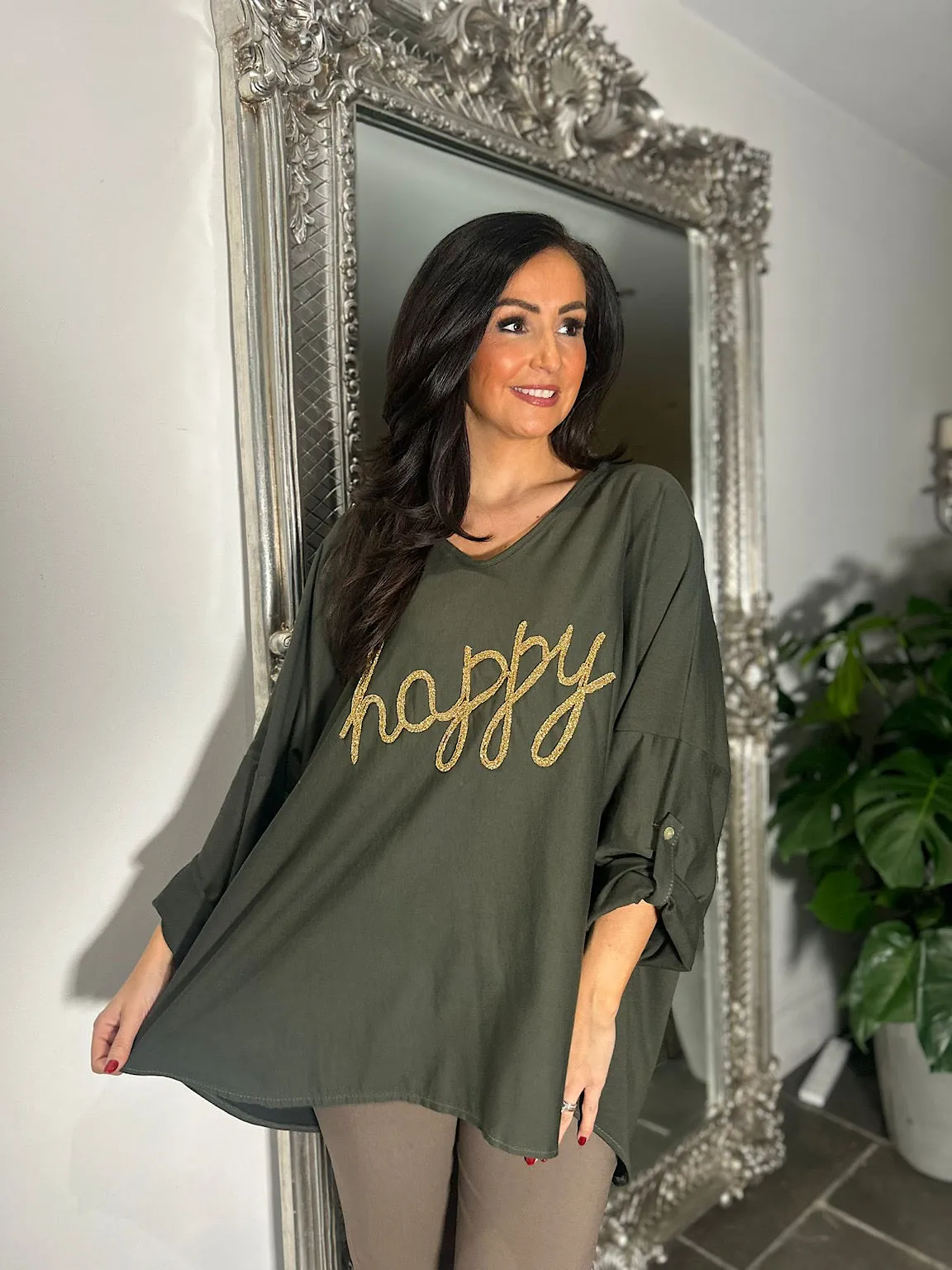 Khaki Happy Slogan Sweatshirt Sam