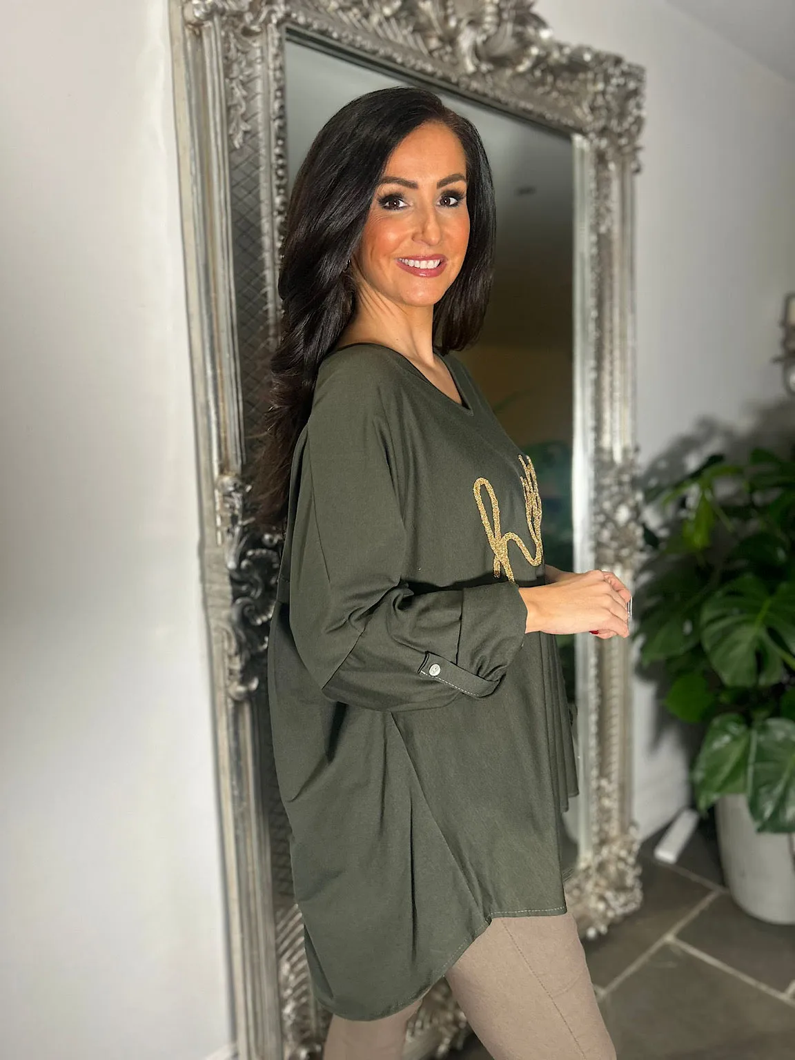 Khaki Happy Slogan Sweatshirt Sam