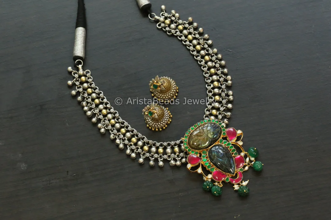 Labradorite Jadau Kundan Pendant Necklace Set - Style 3