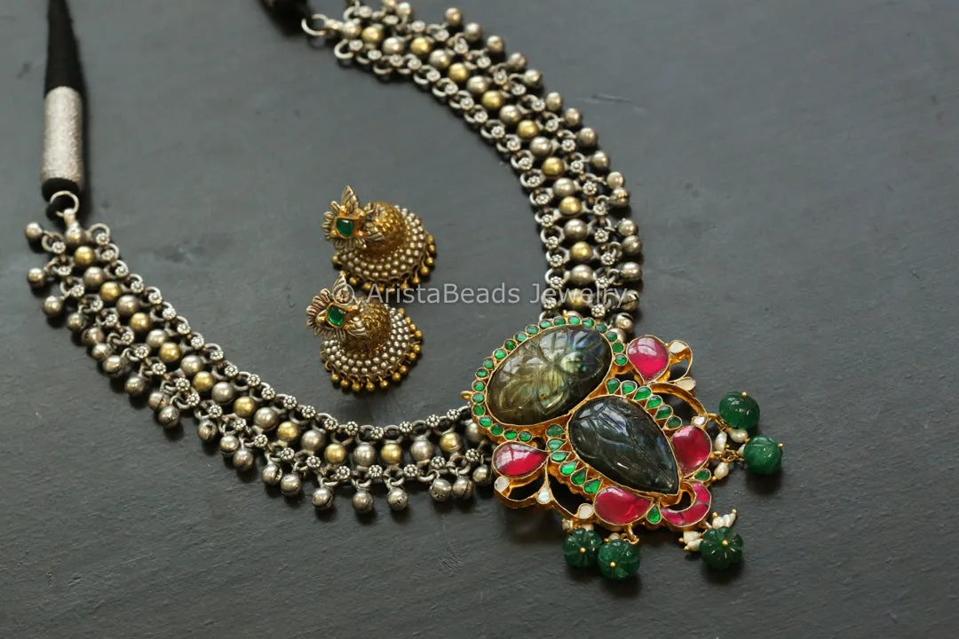 Labradorite Jadau Kundan Pendant Necklace Set - Style 3