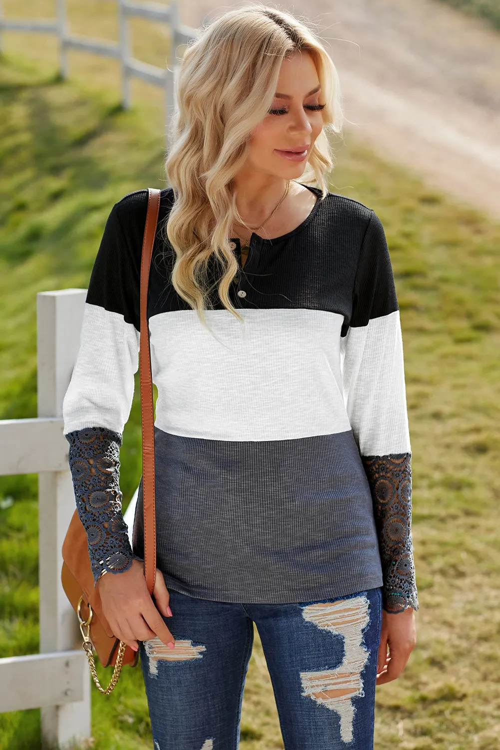 Lace Sleeve Ribbed Top