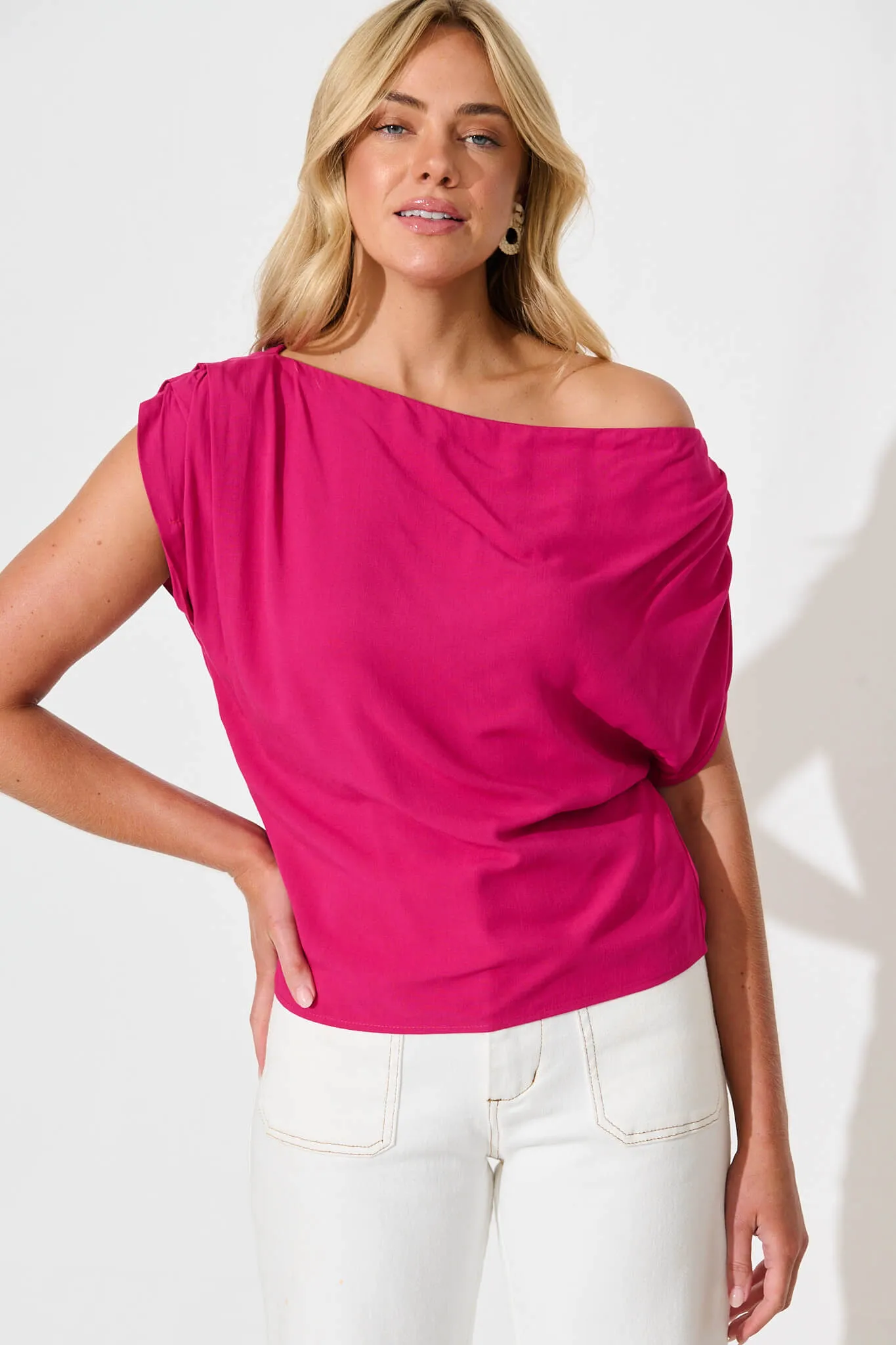 Liana Off Shoulder Top in Hot Pink