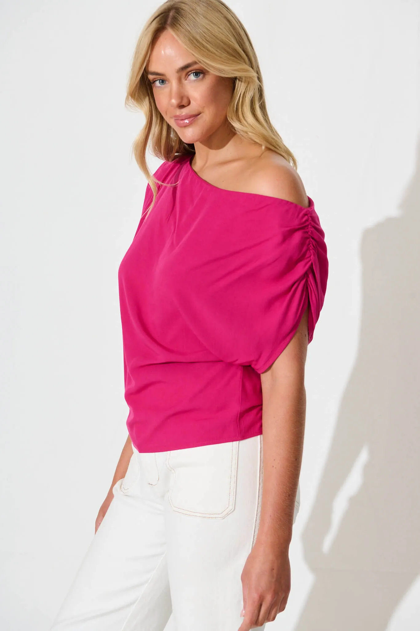 Liana Off Shoulder Top in Hot Pink