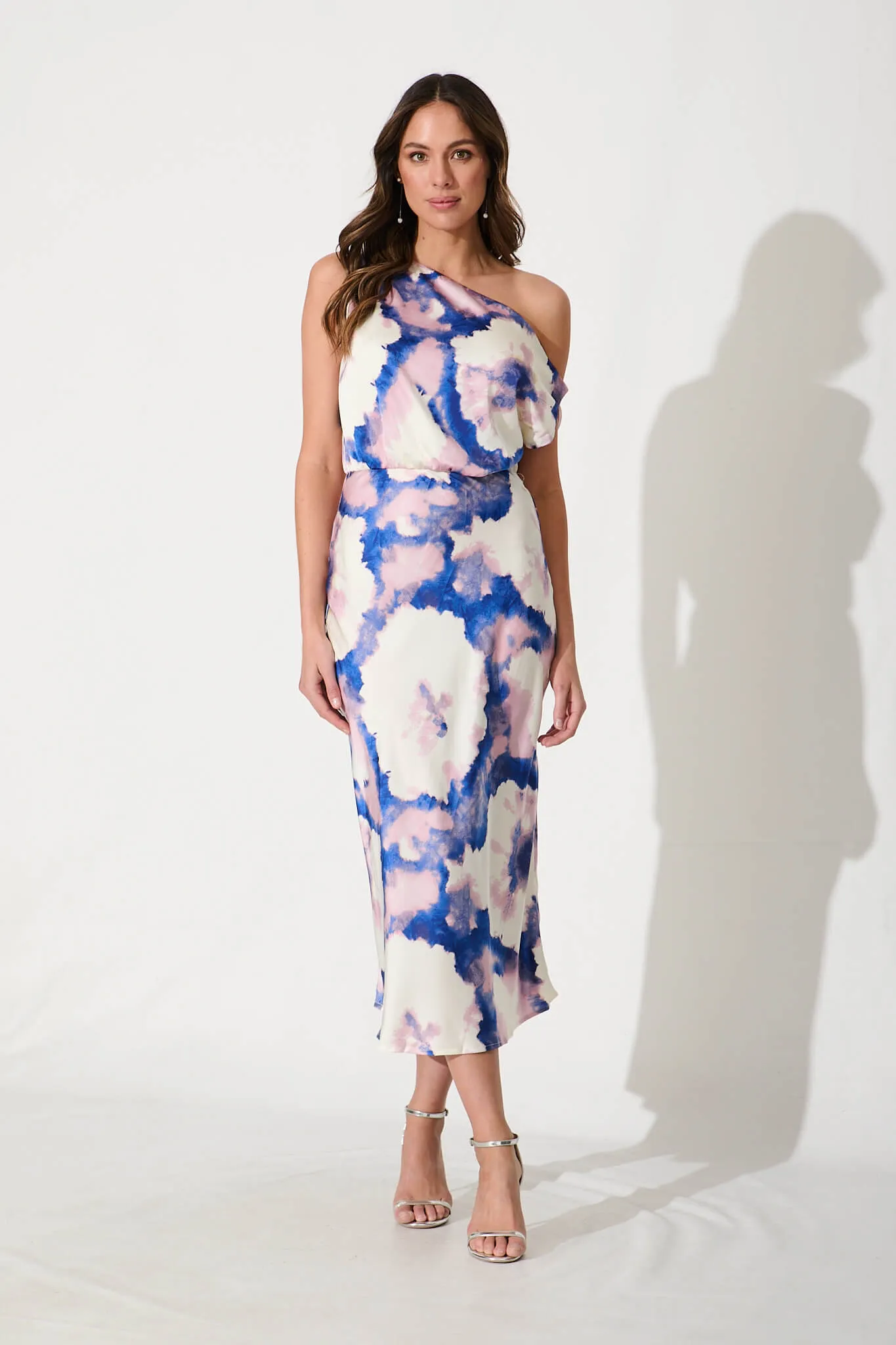 Lux Off Shoulder Midi Dress In Blue Watercolour Satin