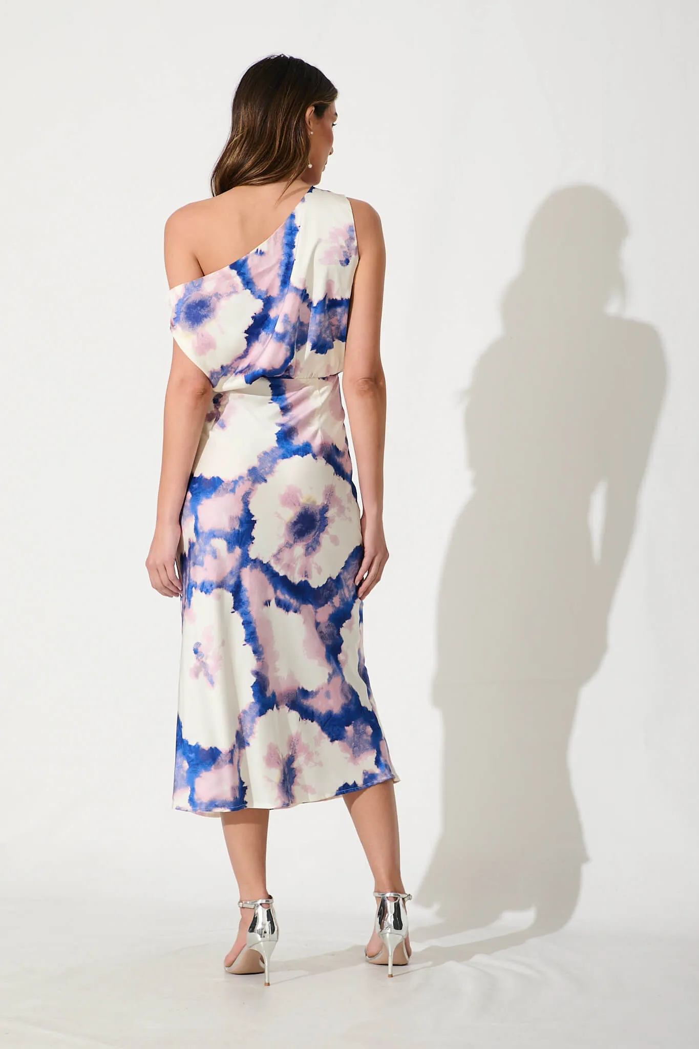 Lux Off Shoulder Midi Dress In Blue Watercolour Satin