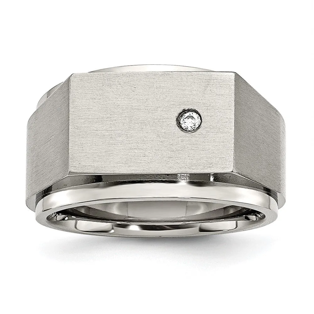 Men's 14mm Stainless Steel & CZ Brushed/Polished Signet Tapered Ring