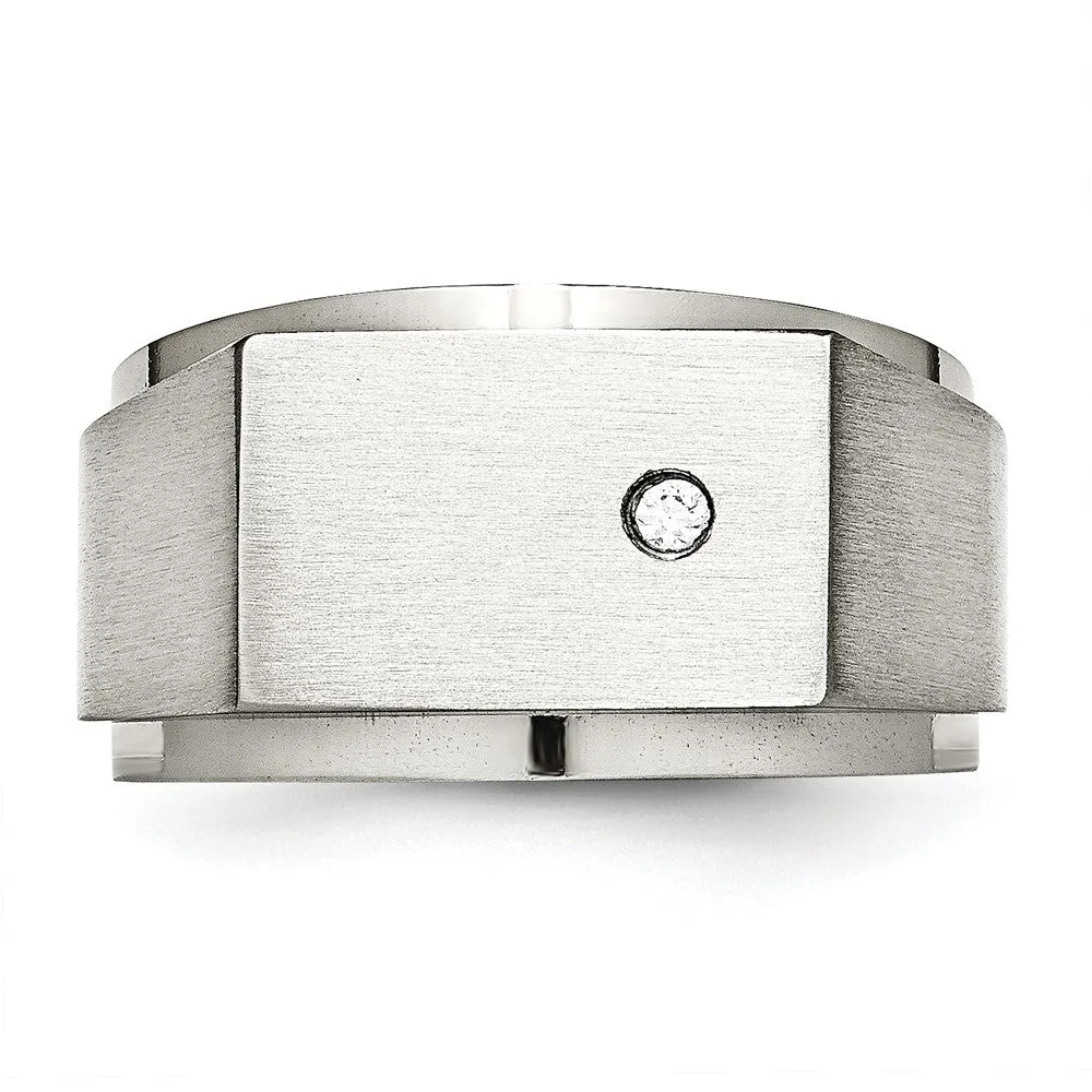 Men's 14mm Stainless Steel & CZ Brushed/Polished Signet Tapered Ring